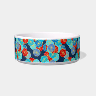 Comedero Patrón de flores Art Decó - azul, turquesa y rojo