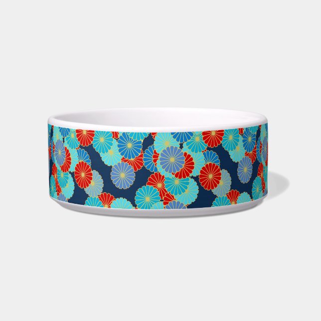 Comedero Patrón de flores Art Decó - azul, turquesa y rojo (Izquierda)