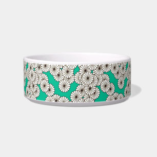 Comedero Patrón de flores Art Decó - blanco sobre turquesa