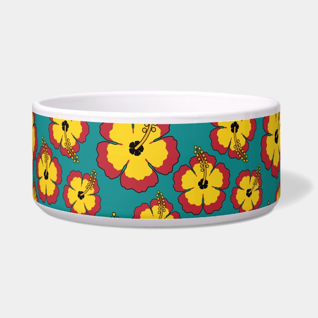 Comedero Patrón de flores tropicales amarillas rojas hibisc (Frente)