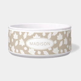 Comedero Patrón De Hojas Blancas De Otoño En Beige Y Nombre