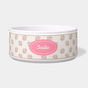 Comedero Patrón de huellas de perro beige y rosa con nombre