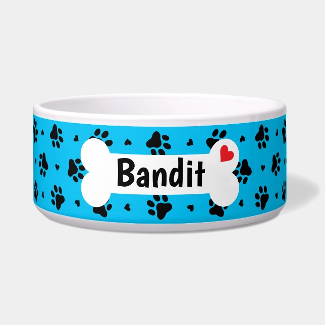 Comedero Patrón de huellas y corazones de perros negros y a (Frente)