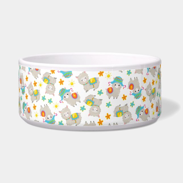 Comedero Patrón De Llamas, Llamas Cutas, Alpacas, Flores (Frente)