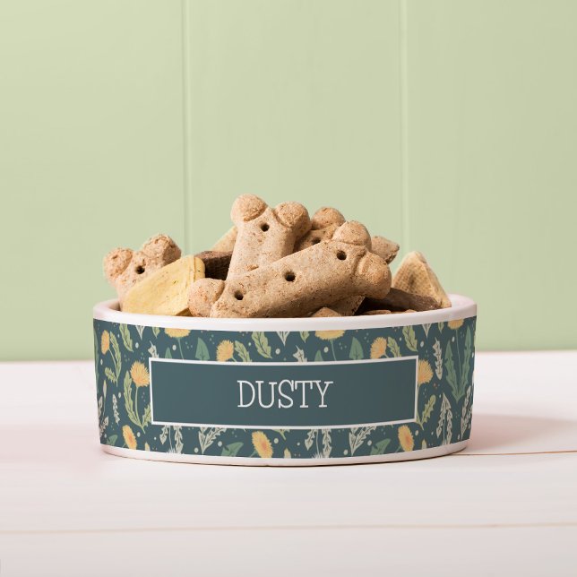Comedero Patrón de maleza floral de Dandelion (Dandelion Pattern Dog Bowl with Dog Name Spot)