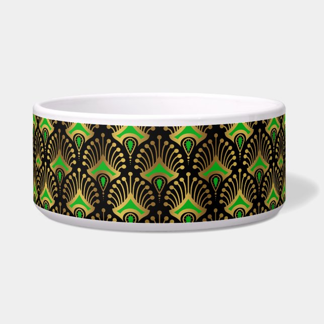 Comedero Patrón de oro y verde Art Deco sobre negro (Frente)
