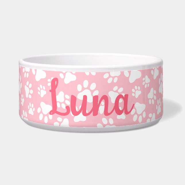Comedero Patrón de pata de perro blanco y rosa pastel (Frente)