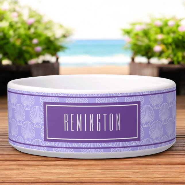 Comedero Patrón De Shell De Mar De Playa Sobre Nombre De Ma (Dog bowl with white seashell pattern template text)