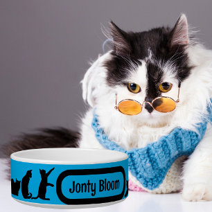 Comedero Patrón de silueta azul de gato negro con nombre de