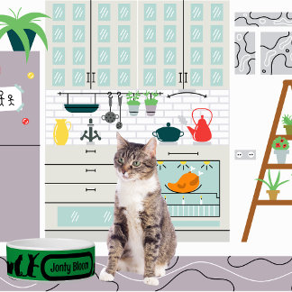 Comedero Patrón de silueta verde de gato negro con nombre d