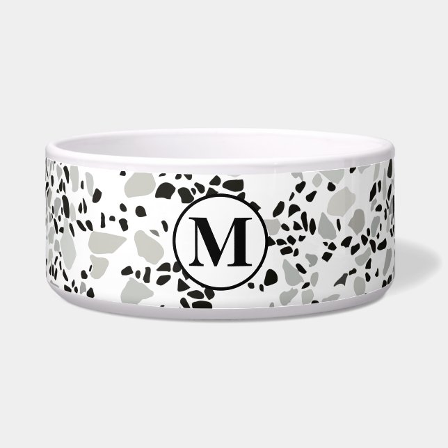 Comedero Patrón de Terrazzo Monogram Modern Blanco y Gris (Frente)