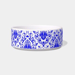 Comedero Patrón floral de Damasco azul y blanco elegante