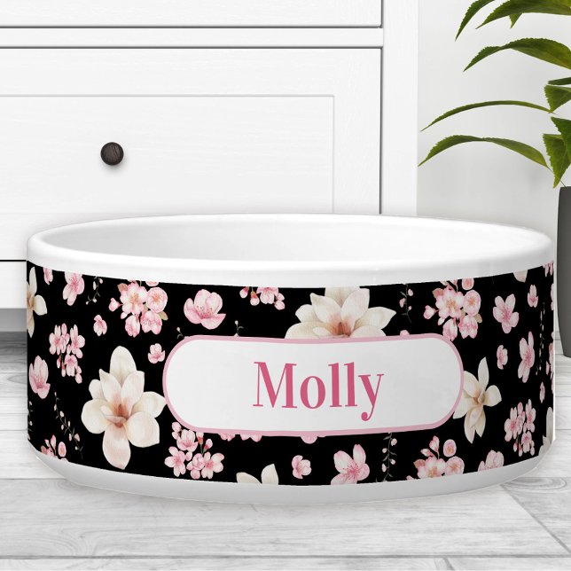 Comedero Patrón floral Sakura Mascota de nombre rosado negr (Sakura Floral Pattern Black Pink Name Pet Dog Bowl)
