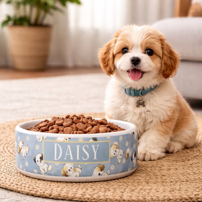Comedero Patrón floral y cachorro azul personalizable  (Subido por el creador)