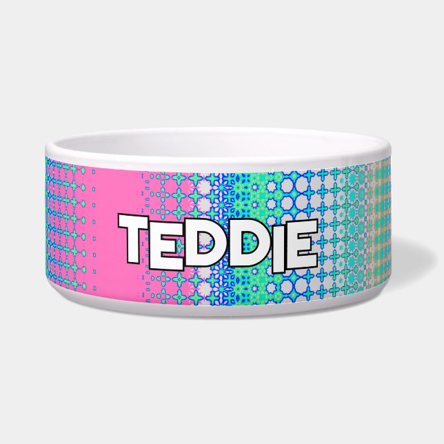 Comedero Patrón geométrico rosa azul turquesa (Frente)