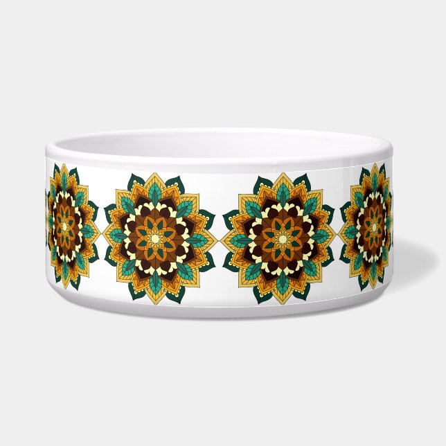 Comedero Patrón Mandala 02 en amarillo y marrón (Frente)