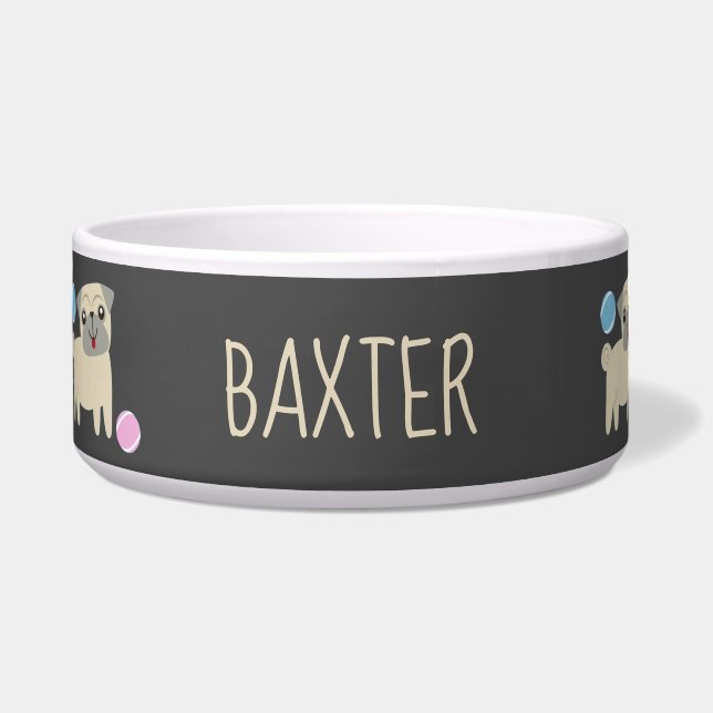 Comedero Patrón Personalizado de Pug Adorable y Bolas (Frente)