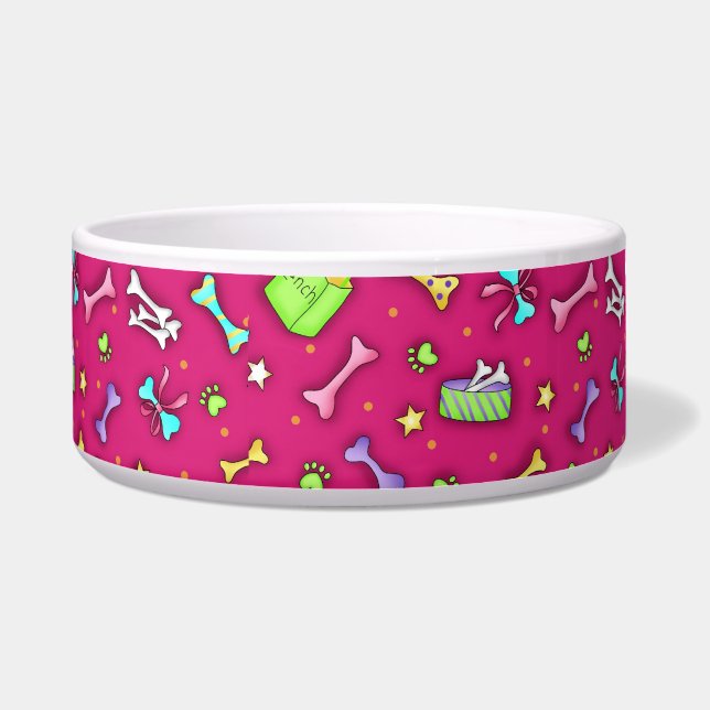 Comedero Patrón rosa del arte óseo del perro Fuchia (Frente)