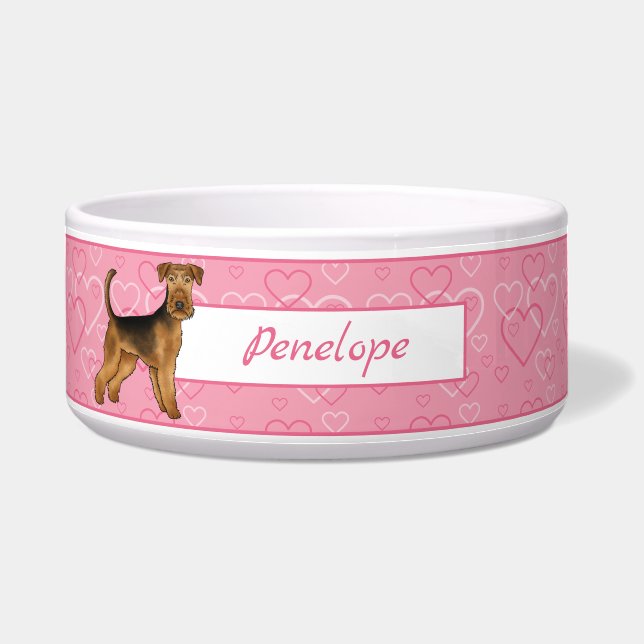 Comedero Perro Airedale Terrier con corazones rosas y nombr (Frente)