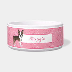 Comedero Perro Boston Terrier Atigrado Sobre Corazones Rosa
