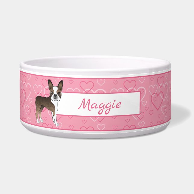 Comedero Perro Boston Terrier Atigrado Sobre Corazones Rosa (Frente)