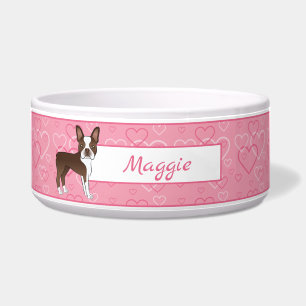 Comedero Perro Boston Terrier Marrón Sobre Corazones Rosas