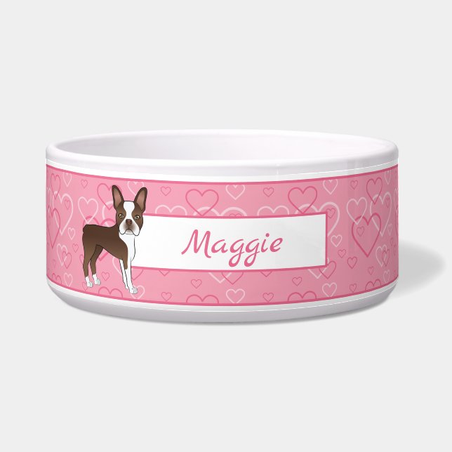Comedero Perro Boston Terrier Marrón Sobre Corazones Rosas  (Frente)