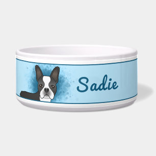 Comedero Perro Boston Terrier negro y blanco sobre azul y n