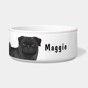 Comedero Perro de dibujos animados Pug negro de cerca con n