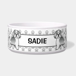 Comedero Perro Lhasa Apso Plateado y Blanco con Patas y Nom