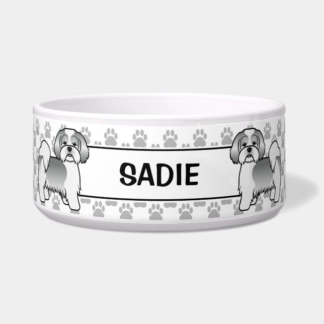 Comedero Perro Lhasa Apso Plateado y Blanco con Patas y Nom (Frente)