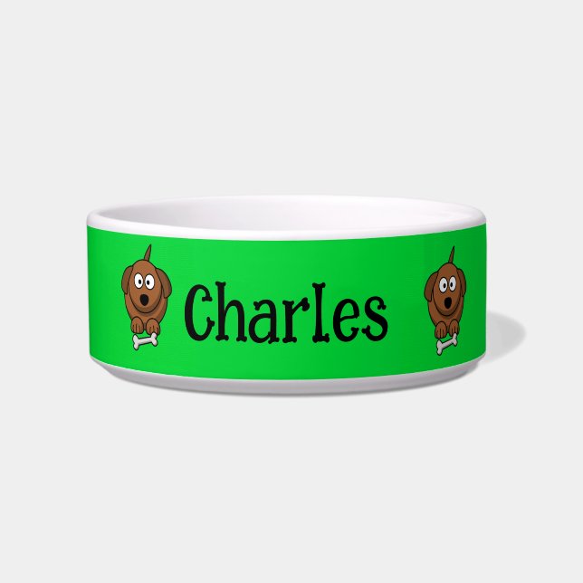 Comedero Perro marrón con hueso personalizado en verde (Frente)