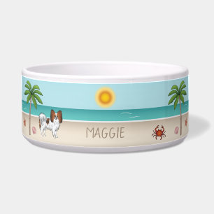 Comedero Perro Papillon de color manto rojo sable en una pl