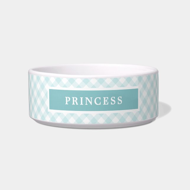 Comedero Perro personalizado de Sky Blue Gingham Plaid (Frente)