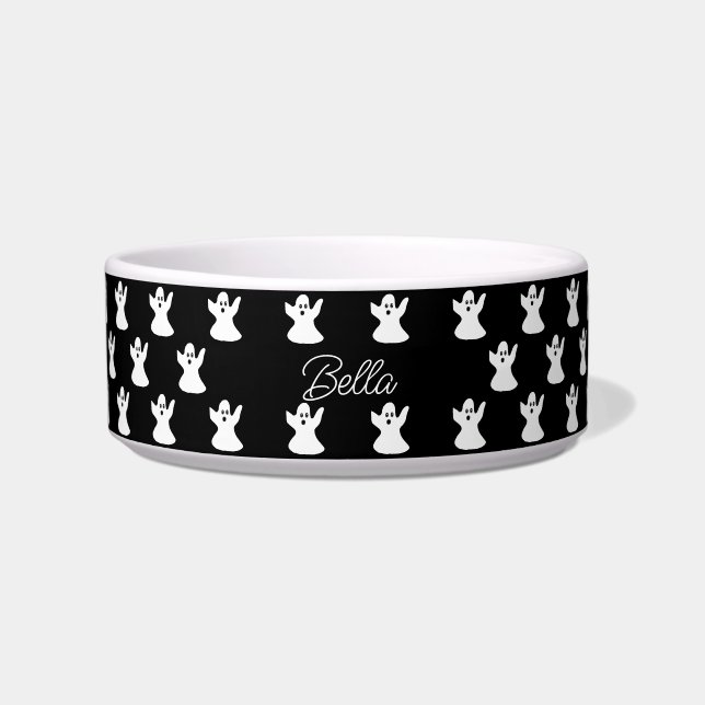 Comedero Perro personalizado fantasma blanco negro de Hallo (Frente)