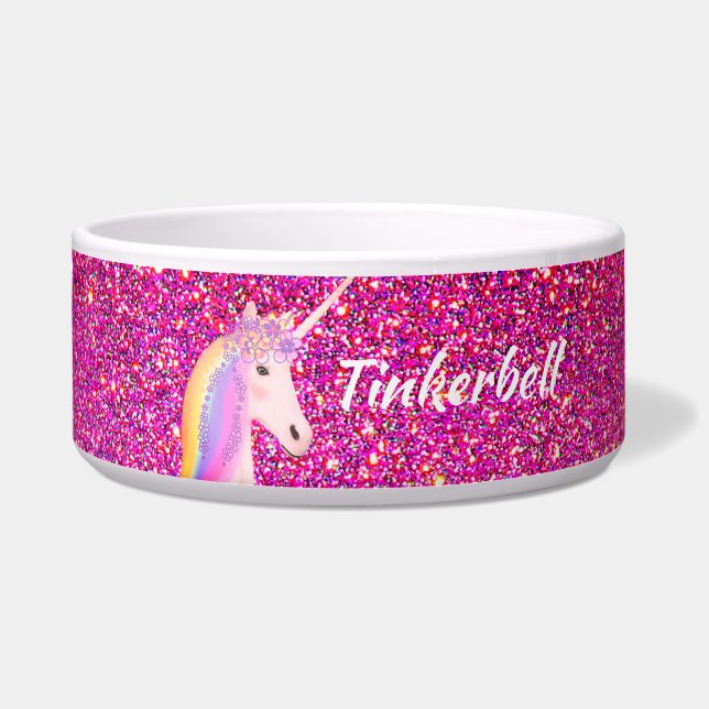 Comedero Perro personalizado Unicorn, Purpurina rosa modern (Frente)