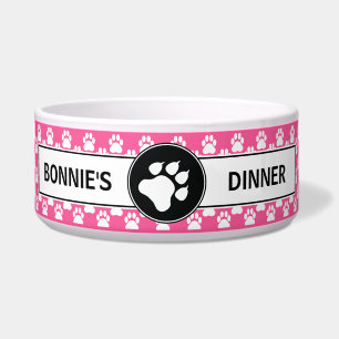 Comedero Perro Rosado Y Negro Paws Con Texto Personalizado