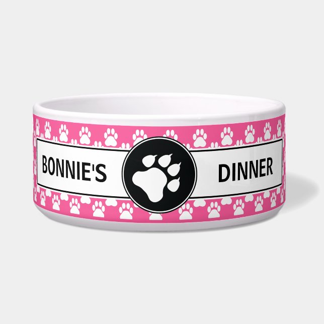 Comedero Perro Rosado Y Negro Paws Con Texto Personalizado (Frente)