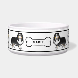 Comedero Perros Collie Ásperos Tricolor Con Hueso Y Nombre