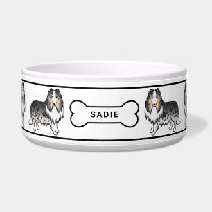Comedero Perros Collie Azules Merle con Hueso y Nombre