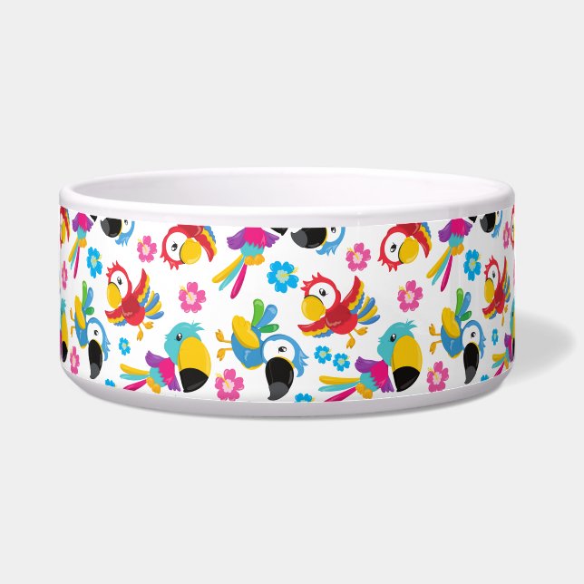 Comedero Perros coloridos, loros tropicales, aves, flores (Frente)