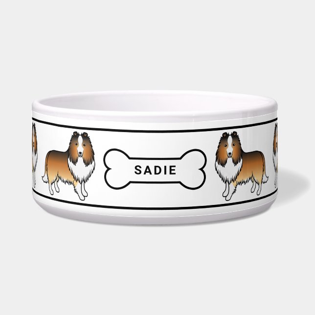 Comedero Perros Sable Sheltie Con Hueso Y Nombre (Frente)