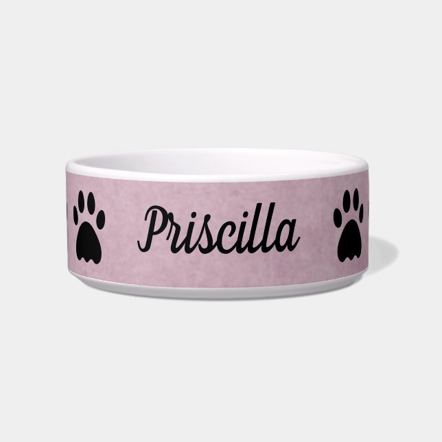 Comedero Personalizado con nombre | Rosa con gato de hojas  (Frente)