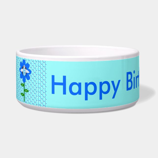 Comedero Personalizado de cumpleaños azul de Happy Bee Day  (Izquierda)