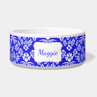 Comedero Personalizado de damasco floral azul y blanco