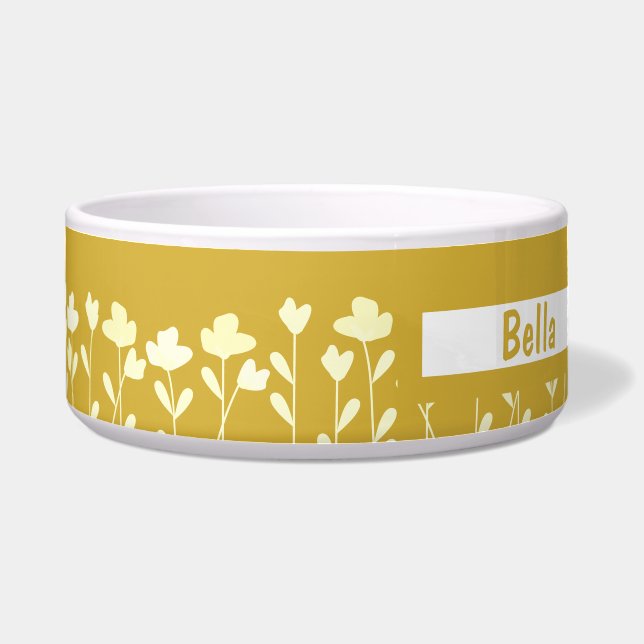 Comedero Personalizado de patrón de flor dorada con nombre  (Frente)