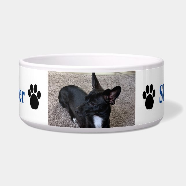 Comedero Personalizado Dog Foto Nombre Paw Impresiones Azul (Frente)