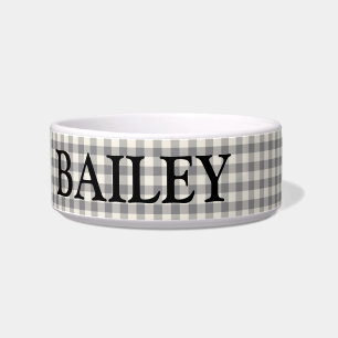 Comedero Personalizado Gris Blanco Gingham Nombre grande