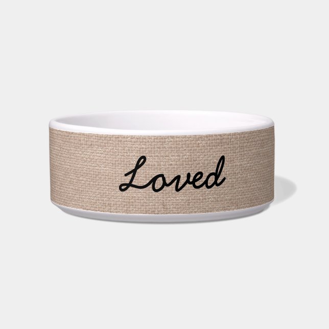 Comedero Personalizado "Loved" faux burlap cachorro de perr (Derecha)