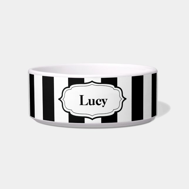 Comedero Personalize Black & White Stripe Ceramic Pet Bowl (Frente)